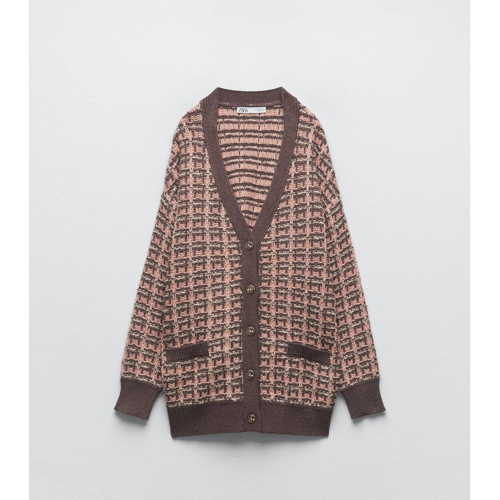 Zara Brown Pink Textured Weave Knit Chunky Cardigan Size S